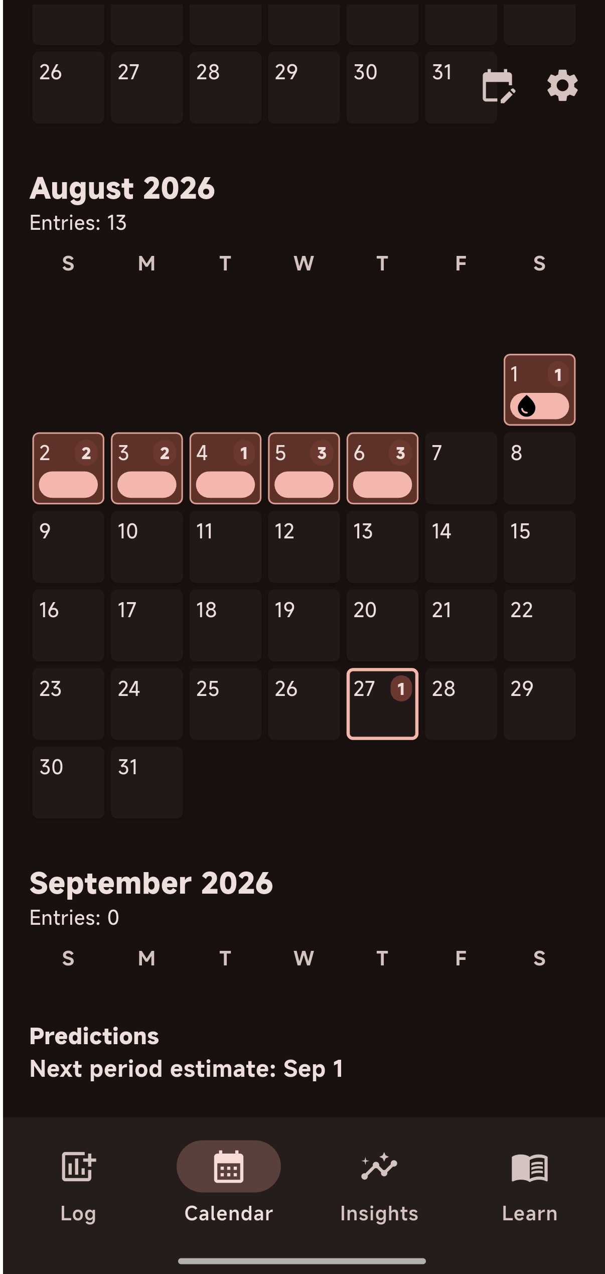 CheckMe calendar month view with logged days and cycle predictions