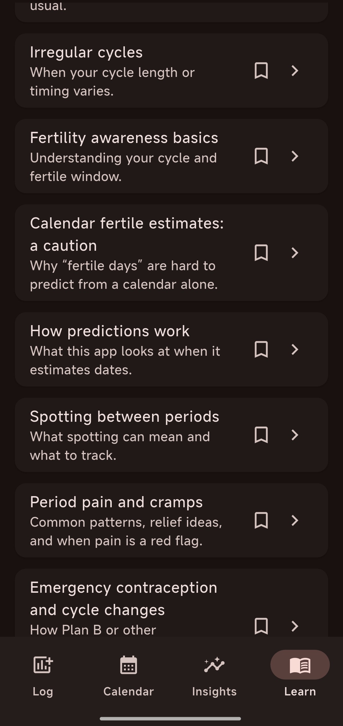 CheckMe learn tab with in-app articles on cycles, symptoms, and care