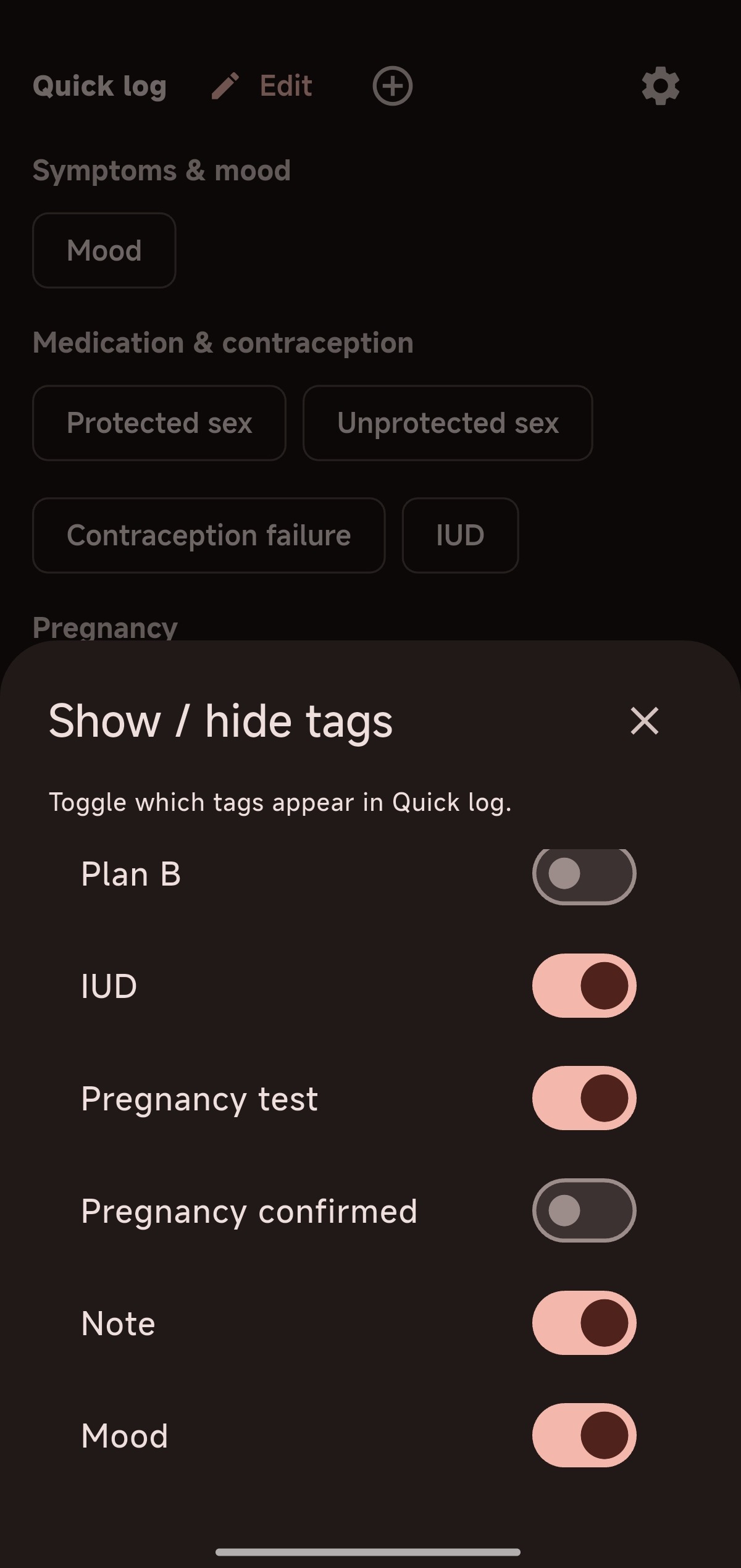 CheckMe quick log screen with the show/hide tags panel open, letting you turn default tags on or off